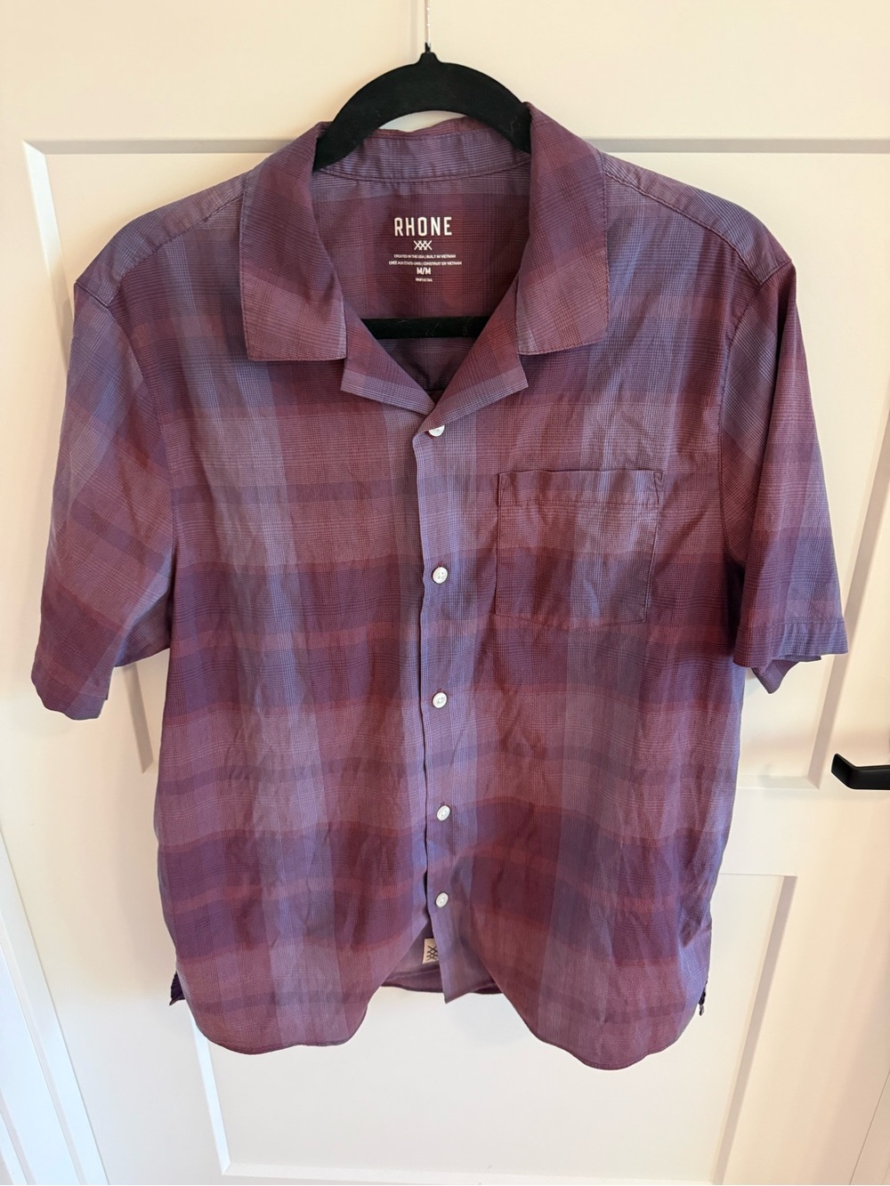 Rhone Men’s M Commuter Button Down Shirt Burgundy Plaid Short Sleeve Stretch